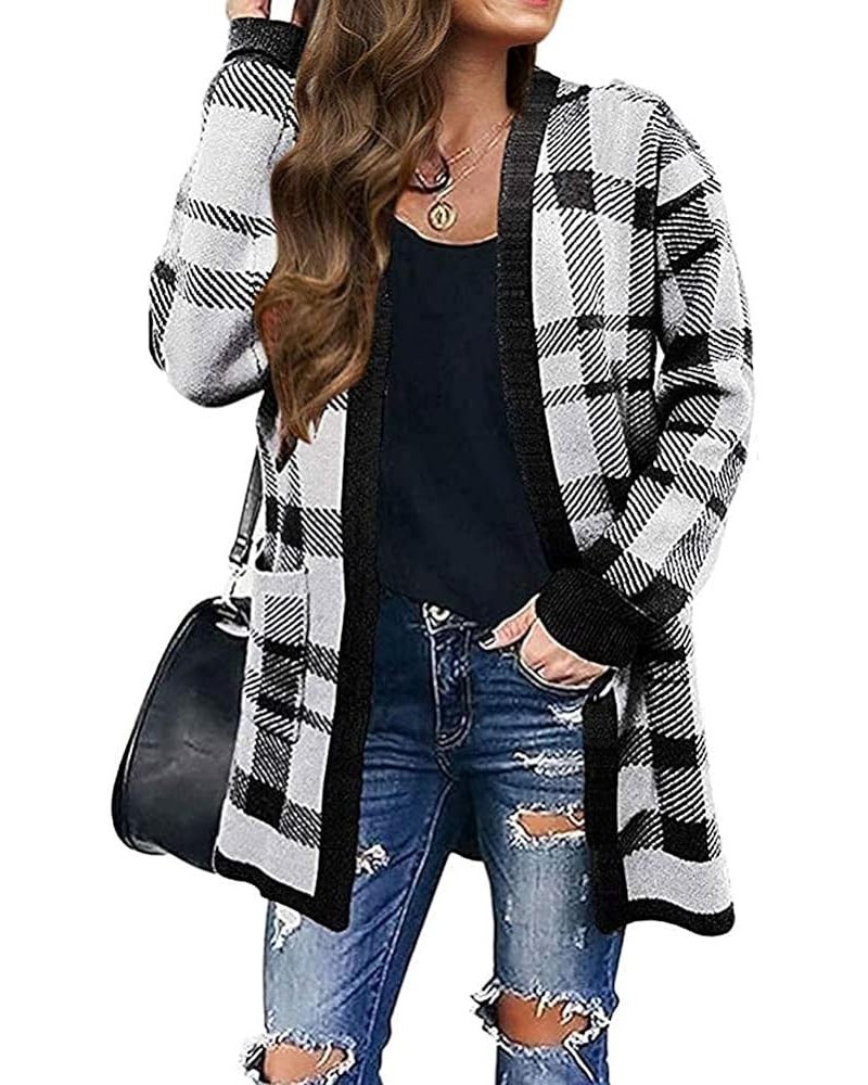 Womens Loose Long Sleeve Open Front Cardigan Knit Leopard Print Cozy Sweater Coat Outwear with Pockets White Plaid $19.09 Swe...