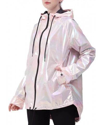 Womens Metallic Zip Up Club Hoodies Jacket Hooded Shiny Drawstring Windbreaker Zipper Rain Jacket Pink $21.72 Jackets