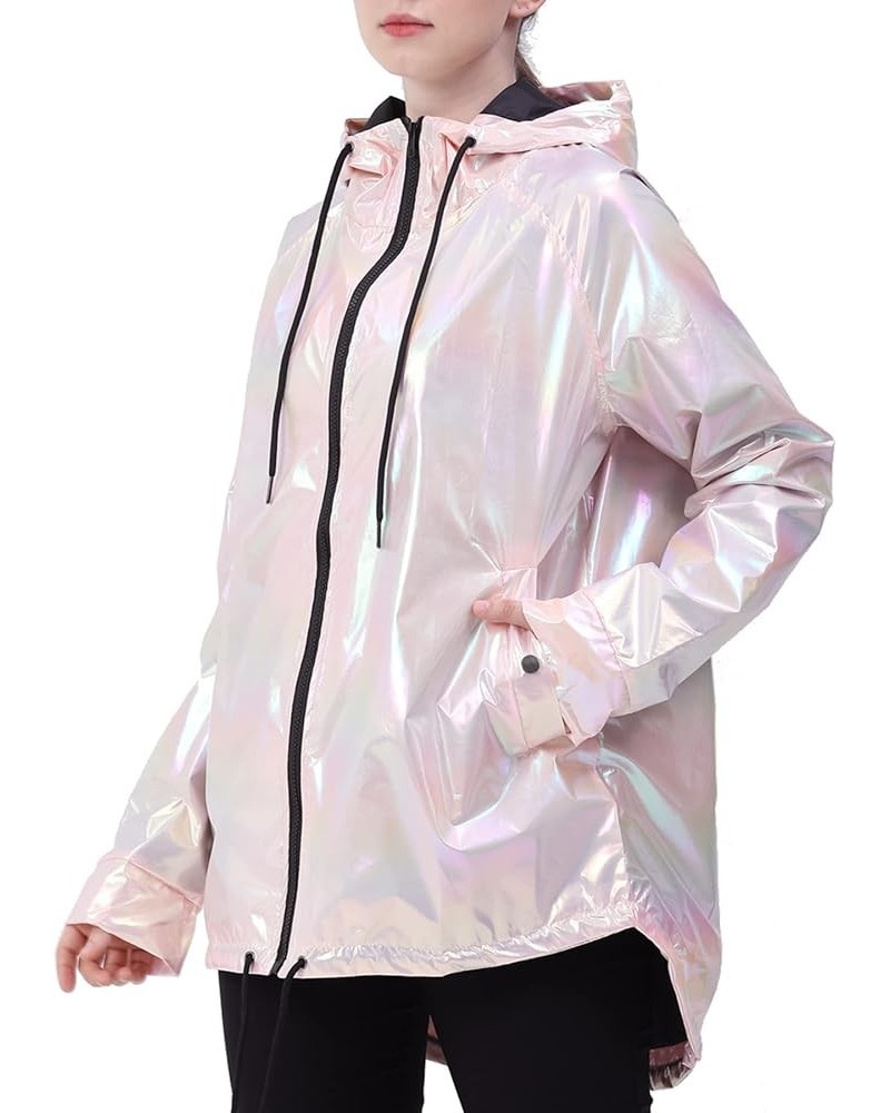 Womens Metallic Zip Up Club Hoodies Jacket Hooded Shiny Drawstring Windbreaker Zipper Rain Jacket Pink $21.72 Jackets