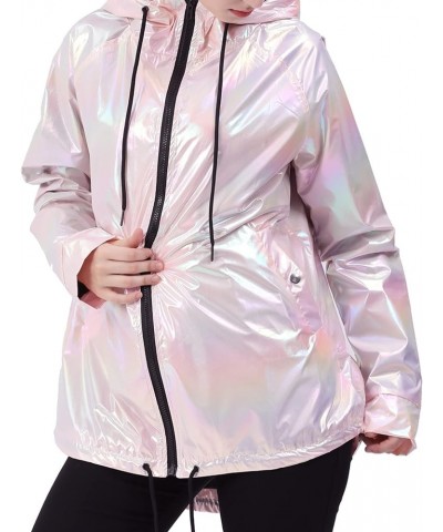 Womens Metallic Zip Up Club Hoodies Jacket Hooded Shiny Drawstring Windbreaker Zipper Rain Jacket Pink $21.72 Jackets