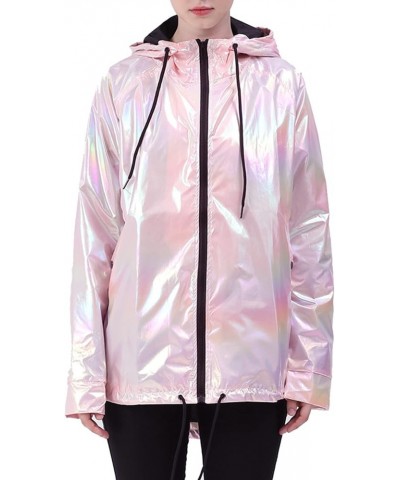 Womens Metallic Zip Up Club Hoodies Jacket Hooded Shiny Drawstring Windbreaker Zipper Rain Jacket Pink $21.72 Jackets