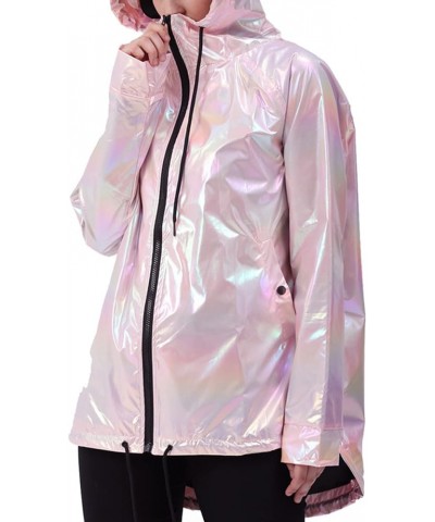 Womens Metallic Zip Up Club Hoodies Jacket Hooded Shiny Drawstring Windbreaker Zipper Rain Jacket Pink $21.72 Jackets