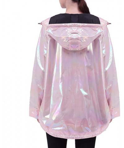 Womens Metallic Zip Up Club Hoodies Jacket Hooded Shiny Drawstring Windbreaker Zipper Rain Jacket Pink $21.72 Jackets