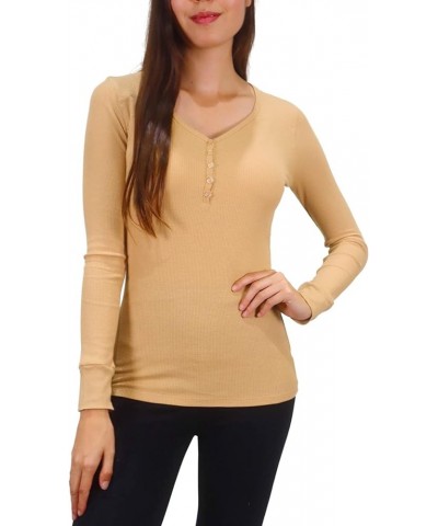 Women's Long Sleeve Waffle Knit Stretch Cotton Thermal Underwear Shirt V Button Tan $10.78 Underwear