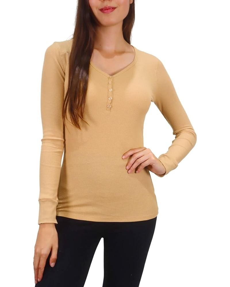 Women's Long Sleeve Waffle Knit Stretch Cotton Thermal Underwear Shirt V Button Tan $10.78 Underwear