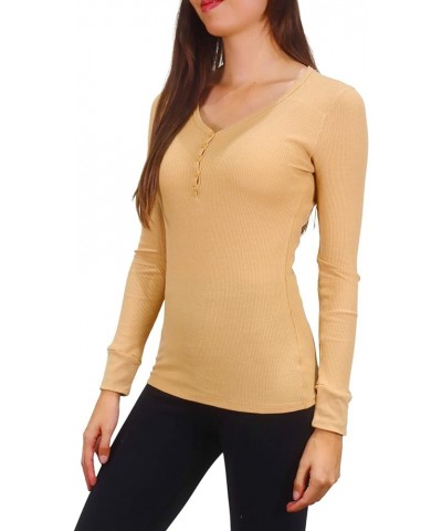 Women's Long Sleeve Waffle Knit Stretch Cotton Thermal Underwear Shirt V Button Tan $10.78 Underwear