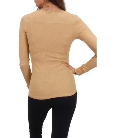 Women's Long Sleeve Waffle Knit Stretch Cotton Thermal Underwear Shirt V Button Tan $10.78 Underwear