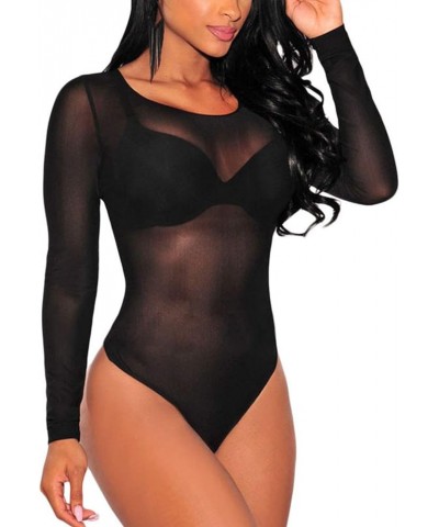 Women Sexy Turtleneck Jumpsuit Sheer Mesh Long Sleeve Bodysuit Black $9.50 Jumpsuits