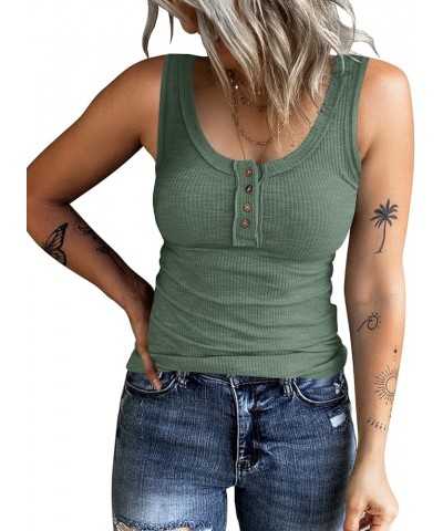 Women's Sleeveless Henley Tank Tops Ribbed V Neck Button Down T Shirts Summer Slim Fit Tee Tops Army Green $10.38 Tanks