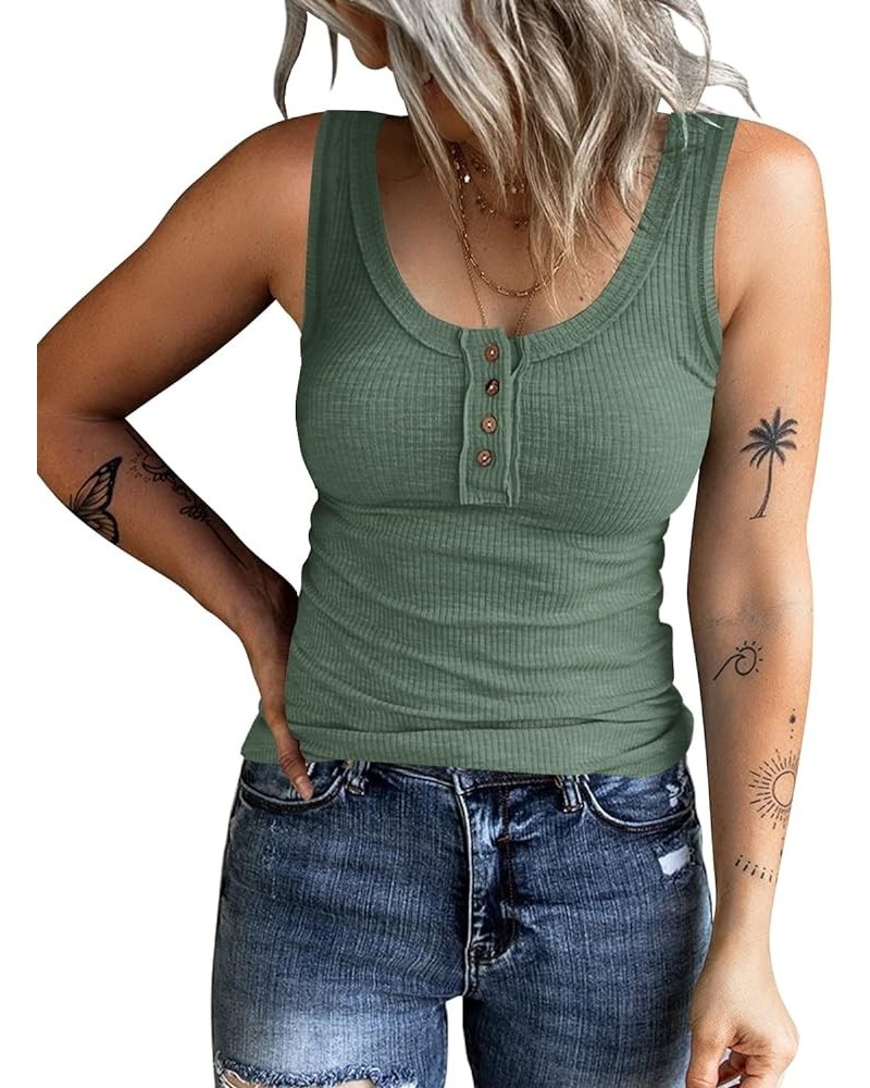 Women's Sleeveless Henley Tank Tops Ribbed V Neck Button Down T Shirts Summer Slim Fit Tee Tops Army Green $10.38 Tanks