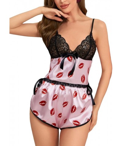 Women's 2Pcs Floral Lace Cami Top with Shorts Sleepwear Pajama Set Pink Black Lip $11.00 Sleep & Lounge