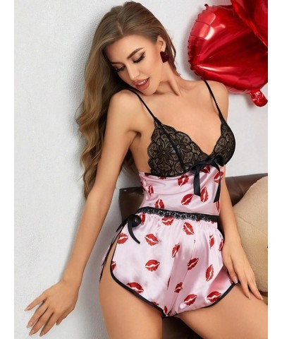 Women's 2Pcs Floral Lace Cami Top with Shorts Sleepwear Pajama Set Pink Black Lip $11.00 Sleep & Lounge