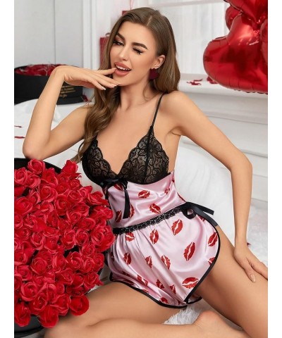 Women's 2Pcs Floral Lace Cami Top with Shorts Sleepwear Pajama Set Pink Black Lip $11.00 Sleep & Lounge