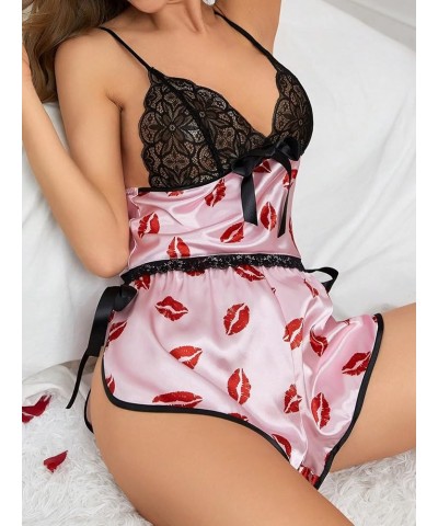 Women's 2Pcs Floral Lace Cami Top with Shorts Sleepwear Pajama Set Pink Black Lip $11.00 Sleep & Lounge