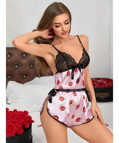 Women's 2Pcs Floral Lace Cami Top with Shorts Sleepwear Pajama Set Pink Black Lip $11.00 Sleep & Lounge