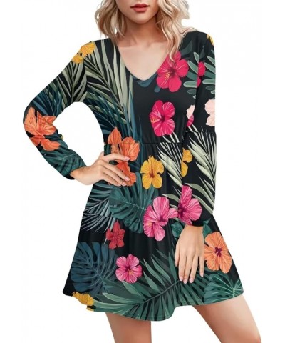 Long Sleeve Women Tunic Dress V Neck Plus Size Casual Travel Swing Sundress Loose Fit Puffy Dresses Tropical Hibiscus $18.69 ...