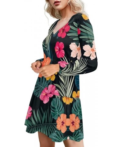 Long Sleeve Women Tunic Dress V Neck Plus Size Casual Travel Swing Sundress Loose Fit Puffy Dresses Tropical Hibiscus $18.69 ...