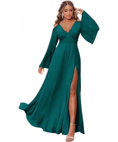 Chiffon Bridesmaid Dress Long Sleeve Off Shoulder Slit Prom Dress for Women Teal $27.30 Dresses