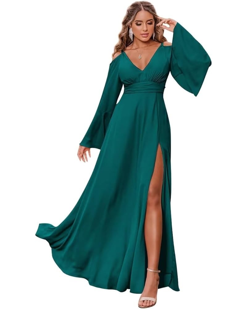 Chiffon Bridesmaid Dress Long Sleeve Off Shoulder Slit Prom Dress for Women Teal $27.30 Dresses