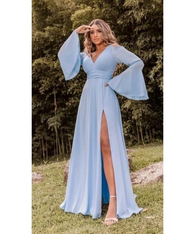 Chiffon Bridesmaid Dress Long Sleeve Off Shoulder Slit Prom Dress for Women Teal $27.30 Dresses