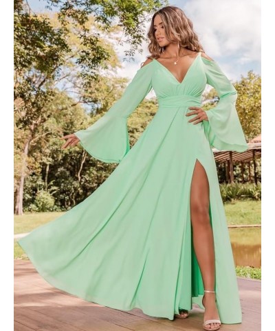 Chiffon Bridesmaid Dress Long Sleeve Off Shoulder Slit Prom Dress for Women Teal $27.30 Dresses