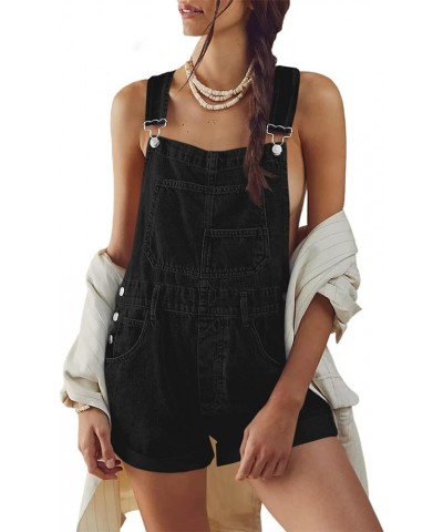 Womens Overalls Shorts Denim Bib Straps Shorts Casual Solid Color Rompers Jumpsuits With Pockets Pants Black $19.34 Overalls