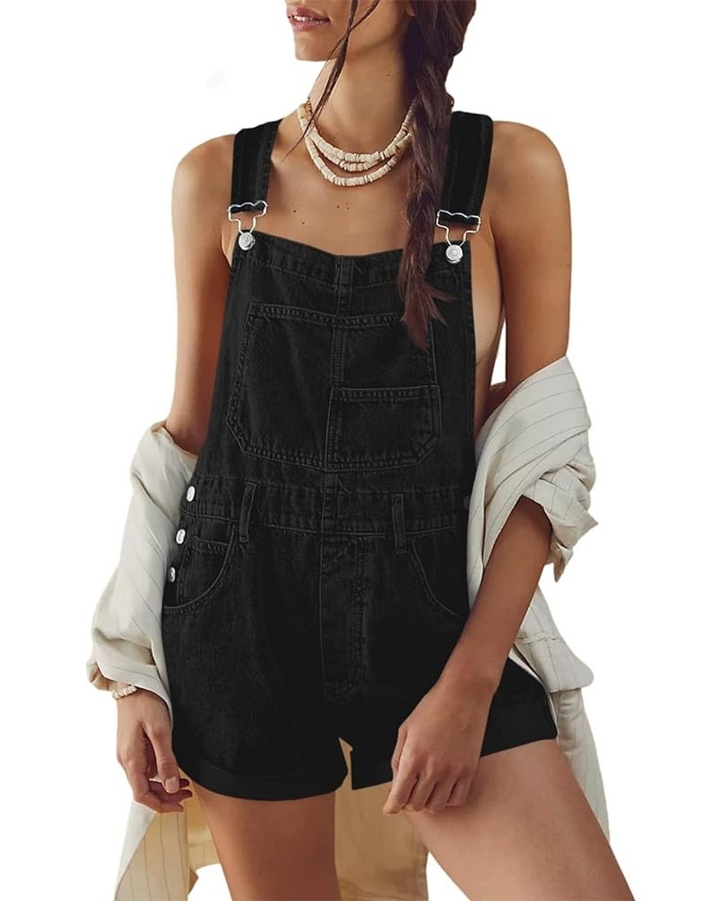 Womens Overalls Shorts Denim Bib Straps Shorts Casual Solid Color Rompers Jumpsuits With Pockets Pants Black $19.34 Overalls