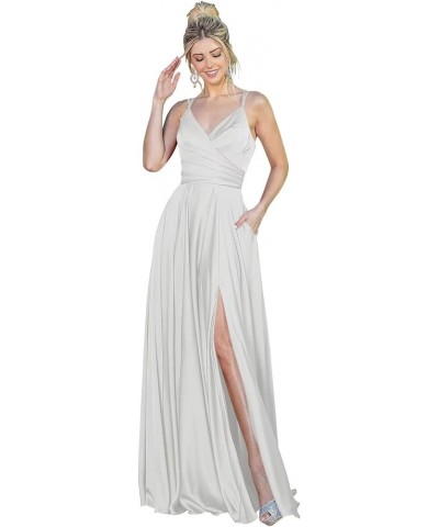 Spaghetti Straps Prom Dresses Long A Line Satin Formal Party Gown 2024 with Slit BF85 Silver $30.66 Dresses