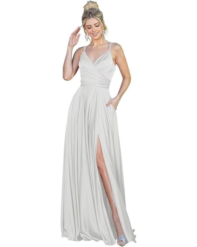 Spaghetti Straps Prom Dresses Long A Line Satin Formal Party Gown 2024 with Slit BF85 Silver $30.66 Dresses