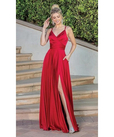 Spaghetti Straps Prom Dresses Long A Line Satin Formal Party Gown 2024 with Slit BF85 Silver $30.66 Dresses