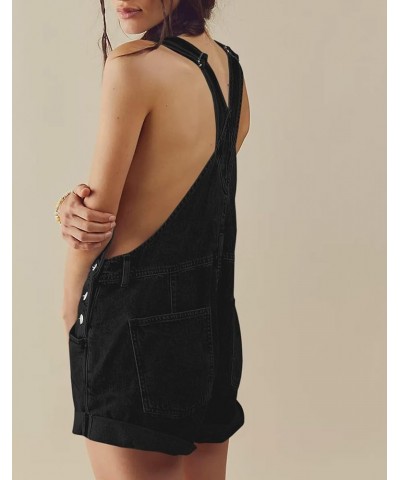 Womens Overalls Shorts Denim Bib Straps Shorts Casual Solid Color Rompers Jumpsuits With Pockets Pants Black $19.34 Overalls