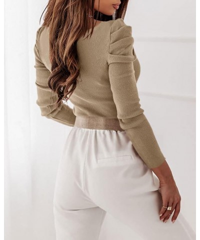 Womens Square Neck Sexy Sweater Knit Ruched Long Sleeve Fitted Pullover Club Tops Khaki $14.00 Sweaters