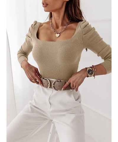 Womens Square Neck Sexy Sweater Knit Ruched Long Sleeve Fitted Pullover Club Tops Khaki $14.00 Sweaters