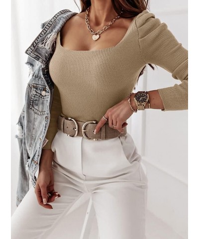 Womens Square Neck Sexy Sweater Knit Ruched Long Sleeve Fitted Pullover Club Tops Khaki $14.00 Sweaters