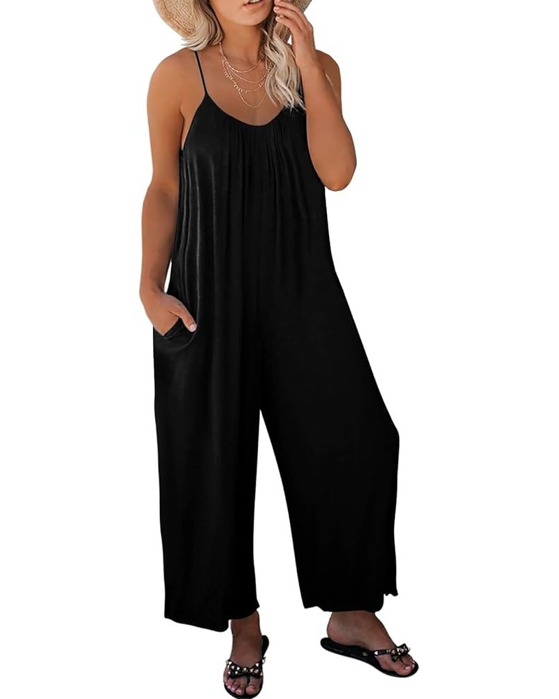 Plus Size Jumpsuit for Women Loose Casual V Neck Spaghetti Strap Stretchy Long Pants Romper with Pockets(1X-5X) Black $17.76 ...