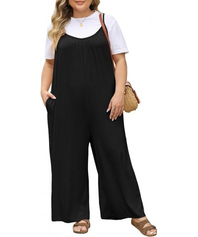 Plus Size Jumpsuit for Women Loose Casual V Neck Spaghetti Strap Stretchy Long Pants Romper with Pockets(1X-5X) Black $17.76 ...