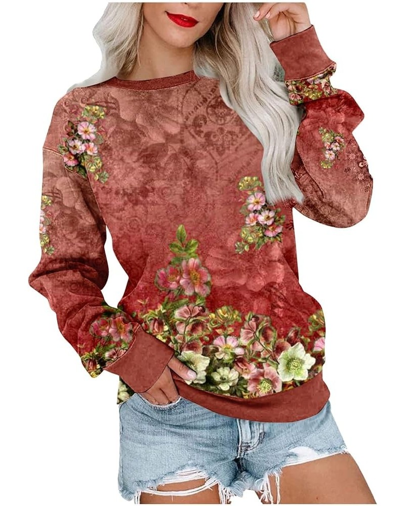 Crew Neck Sweatshirts Women Gradient Floral Printed Long Sleeve Shirts Lightweight Cropped Tops Fall Fashion 2023 5-vermilion...