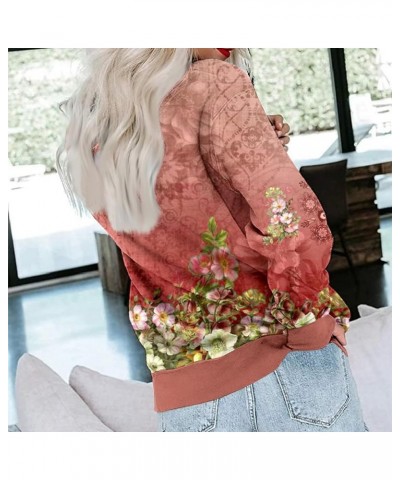 Crew Neck Sweatshirts Women Gradient Floral Printed Long Sleeve Shirts Lightweight Cropped Tops Fall Fashion 2023 5-vermilion...