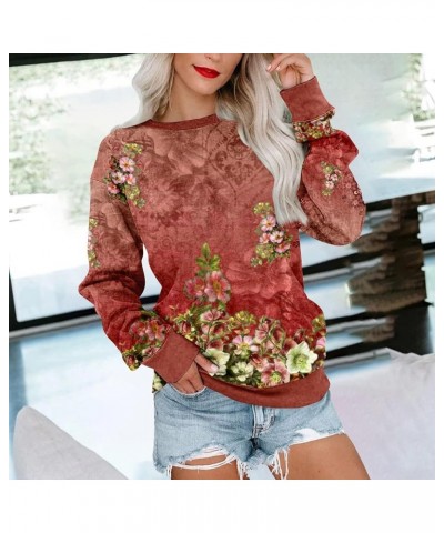 Crew Neck Sweatshirts Women Gradient Floral Printed Long Sleeve Shirts Lightweight Cropped Tops Fall Fashion 2023 5-vermilion...