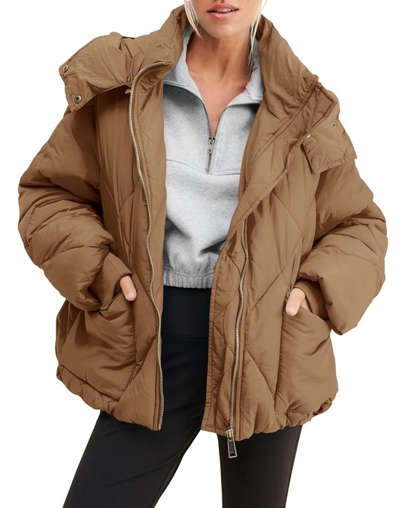 Womens Zipper Hooded Puffer Jacket Long Sleeve Winter Warm Down Coats with Pockets Brown $37.25 Jackets