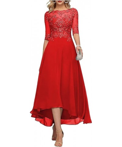 Tea Length Mother of The Bride Dresses for Wedding Lace Appliques High Low Formal Gown with Sleeves Red $37.60 Dresses