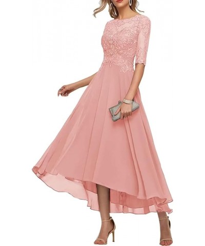 Tea Length Mother of The Bride Dresses for Wedding Lace Appliques High Low Formal Gown with Sleeves Red $37.60 Dresses