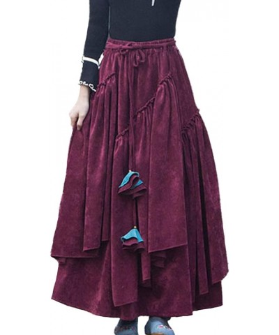 Women's Thicken Corduroy Long Maxi Skirt Vintage Winter Warm Skirt Burgundy $22.05 Skirts