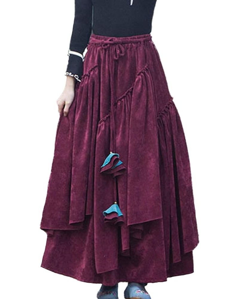 Women's Thicken Corduroy Long Maxi Skirt Vintage Winter Warm Skirt Burgundy $22.05 Skirts