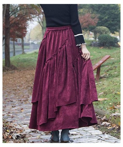 Women's Thicken Corduroy Long Maxi Skirt Vintage Winter Warm Skirt Burgundy $22.05 Skirts