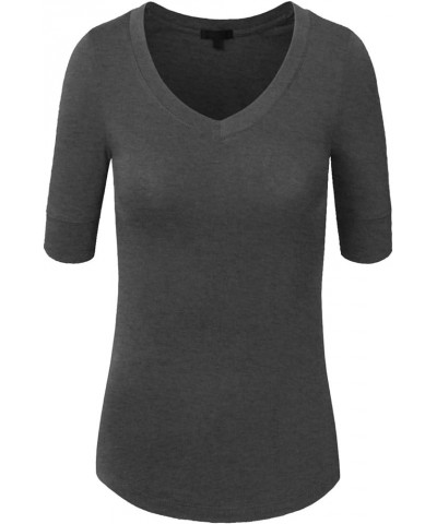 Womens Lightweight Comfy Elbow Sleeve V Neck T Shirt S-3XL Charcoal $9.56 T-Shirts