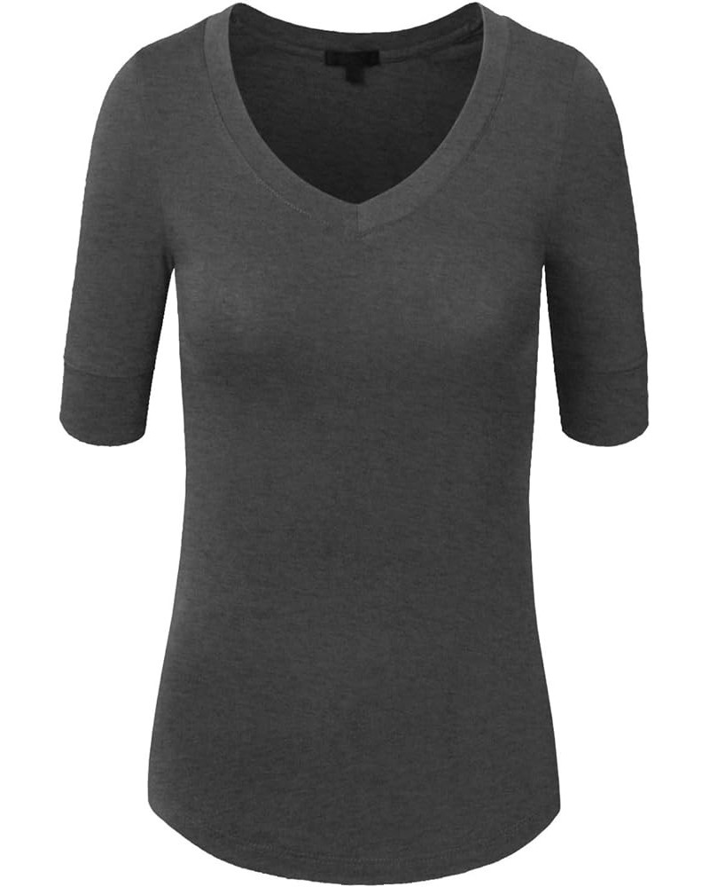 Womens Lightweight Comfy Elbow Sleeve V Neck T Shirt S-3XL Charcoal $9.56 T-Shirts