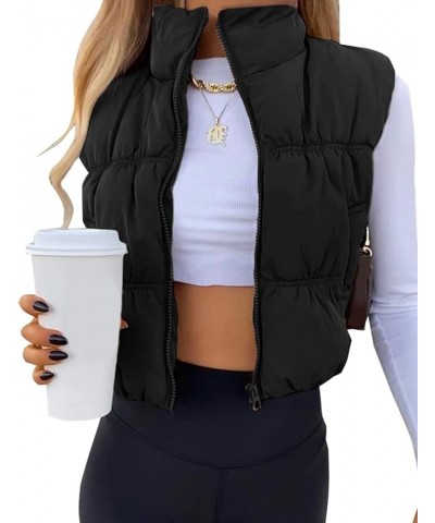 Women's Cropped Puffer Vest Winter Zip Up Stand Collar Lightweight Puffy Vest Padded Coat Outerwear Black $23.19 Vests