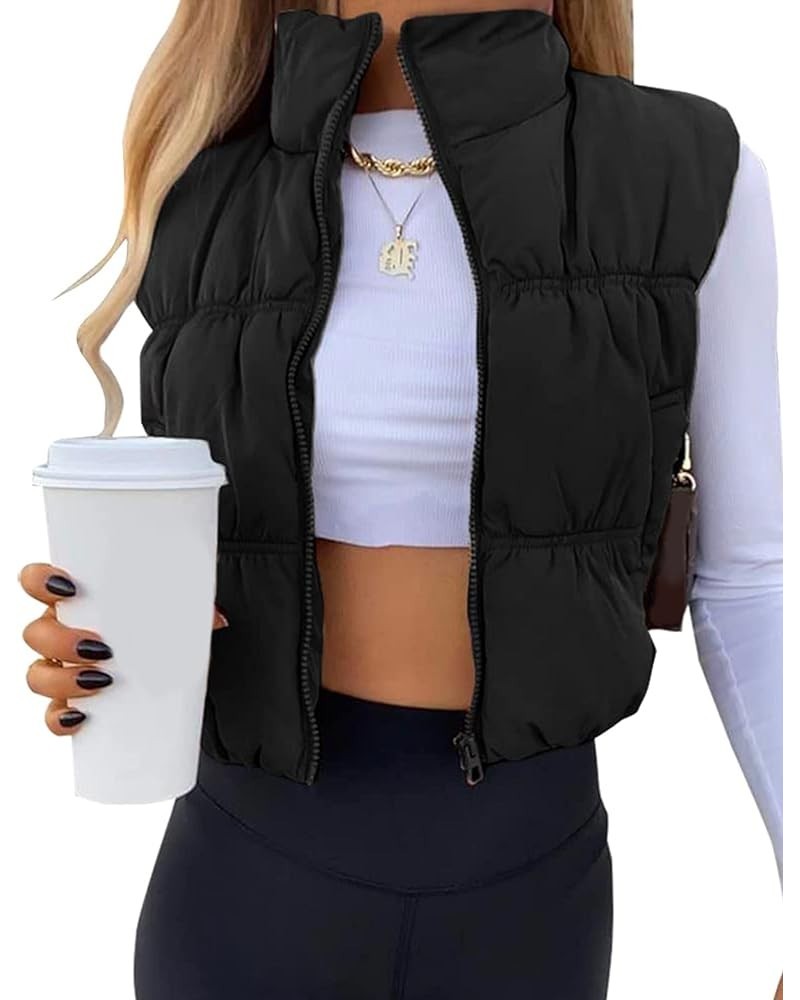 Women's Cropped Puffer Vest Winter Zip Up Stand Collar Lightweight Puffy Vest Padded Coat Outerwear Black $23.19 Vests