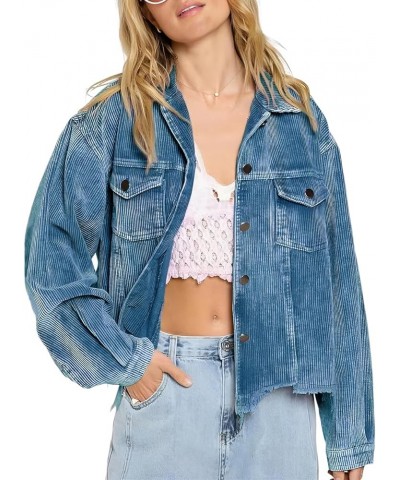 Womens Cropped Corduroy Jacket Casual Button Down Shacket Coat Fringe with Frayed Hem Blue $20.25 Jackets